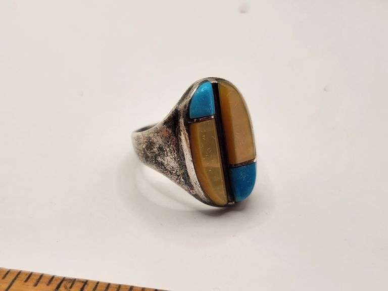 Vintage Hand Made Navajo .925 Sterling Ring with Turquoise & Coral Stones
