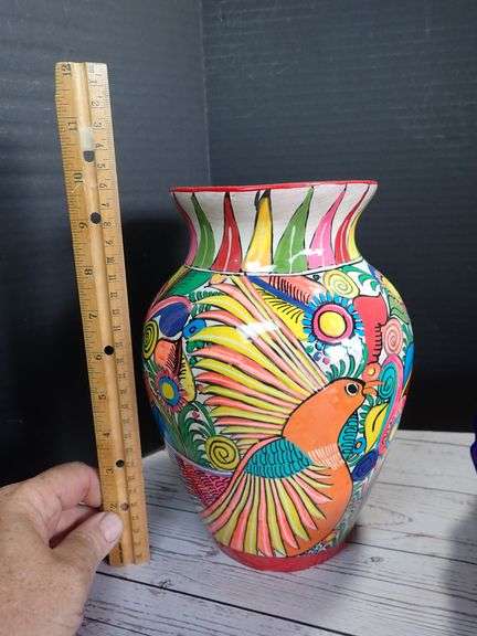 9.75" Hand Painted Glazed Terra Cotta Mexican Pottery