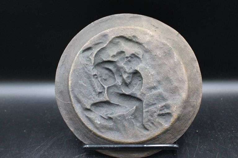 Vintage Circular Bronze Plaque with Raised Mythological Scene