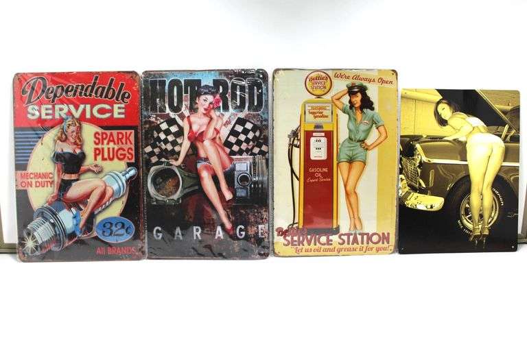 Set of Retro Metal Wall Art Signs Featuring Motor Service Themes