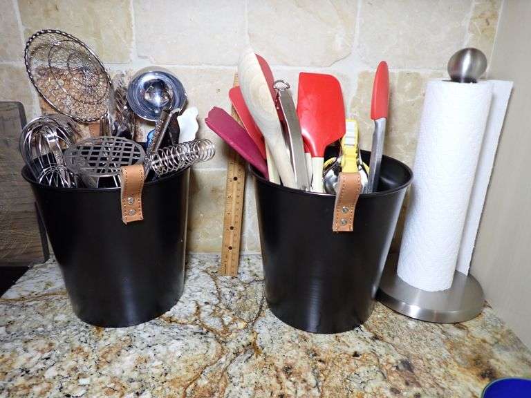 Towls Holder & Two Utensil Crocks w/leather handles.  Includes all Utensils