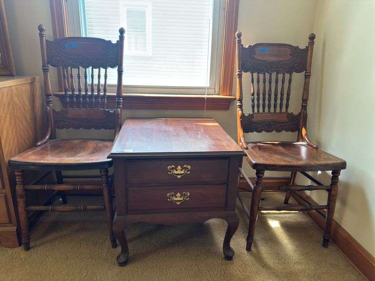 Set of 2 Wood Antique Spindle Back Chairs & Separate Wood End Table w/ Drawers