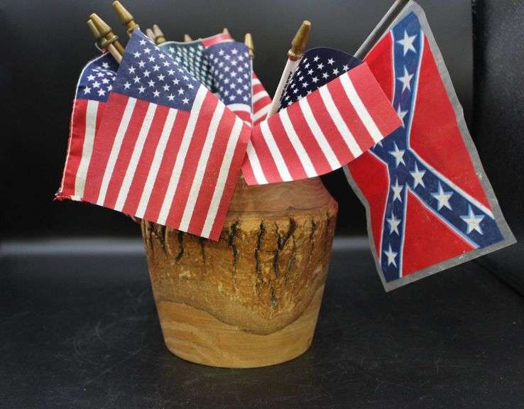 Wooden Vase with Assorted Historical Miniature Flags