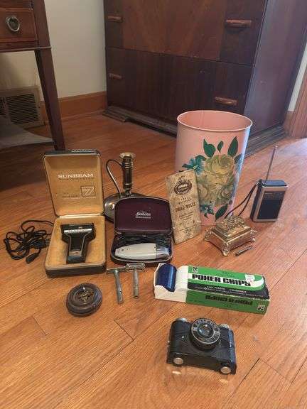 Job Lot (vintage shavers, poker chips, tin with pins, vintage trash can, brass candle stick holder)