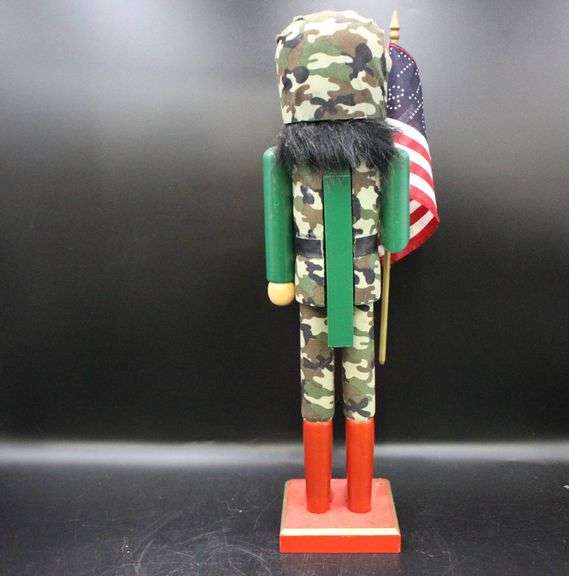 Set of Two Camouflage Nutcracker Figures Holding American Flags