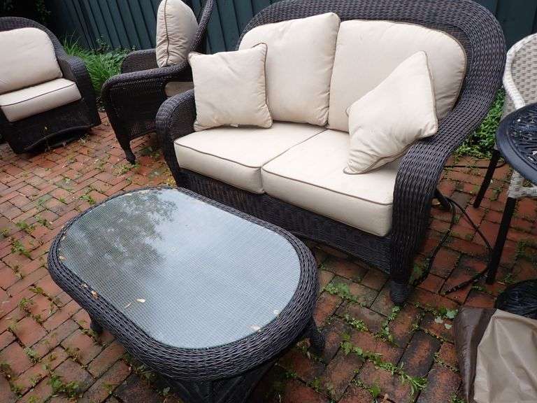Outdoor SUNBRELLA Cushion Loveseat & Glass Top Coffee Table