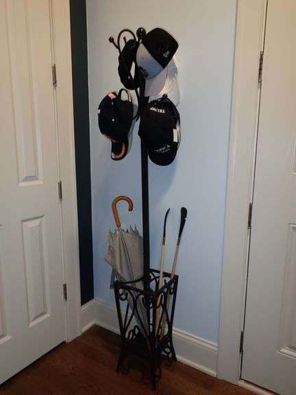 Steel Coatrack with New or like new Hats, Umbrella & 2 Shoe Horns