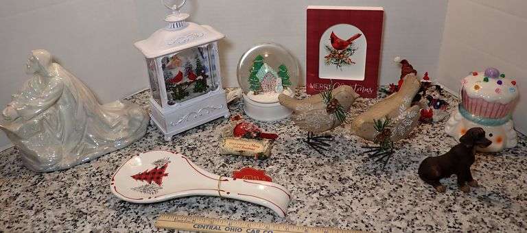Christmas Decor LOT Ceramic Jesus 2 Snowglobes Ceramic  Spoonrest Wood Birds