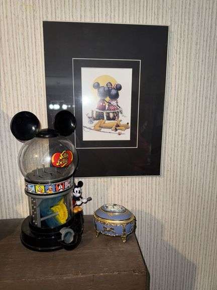 Framed Mickey & Minnie Postcard, Music Box & Candy Dispenser