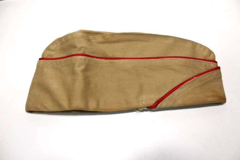 Antique Khaki Military Side Cap with Red Piping and Original Box