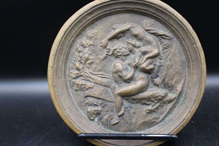 Vintage Circular Bronze Plaque with Raised Mythological Scene