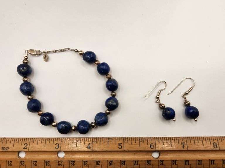 Vintage Matched Pair - Bracelet & Earrings - .925 Sterling Silver & Lapis beads