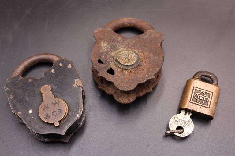 Three Antique Brass and Iron Padlocks, Including W.W. & Co. and Yale