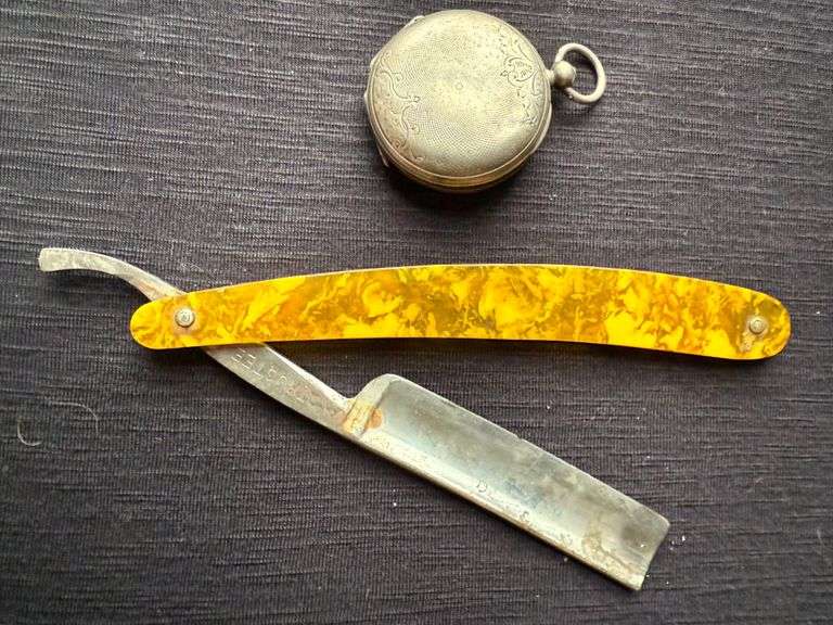 Vintage Bakelite Straight Razor And H Montandon Pocket Watch