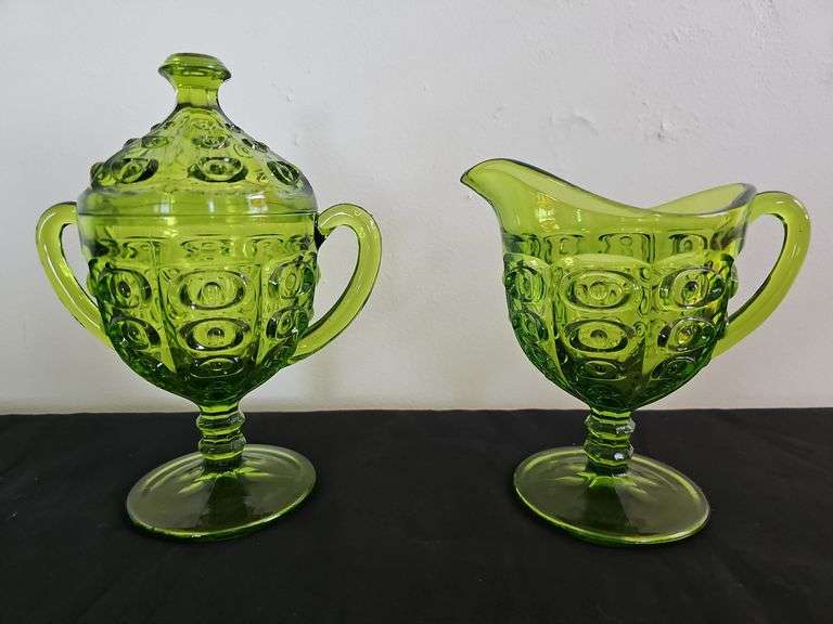 Green (Possible Viking Glass) Yesteryear Bullseye Handled Pedestal Creamer & Sugar Bowl