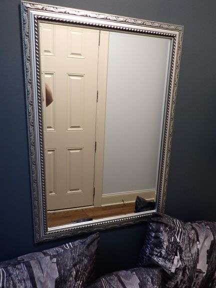 Framed 40x28 Silver Rectangular Beveled Glass Wall Mirror