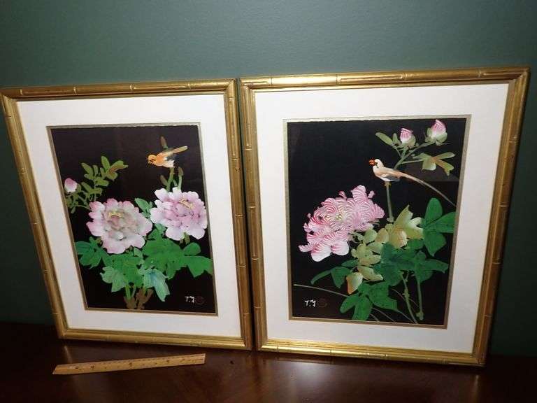 TWO Original Artist Signed Japanese Floral Birds Oil Paintings on Canvas Matching Gold Bamboo Frames