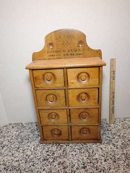 Antique Wooden 8 Drawer Spice Cabinet Advertising Box Cupboard Apothecary Chest Hanging 17"