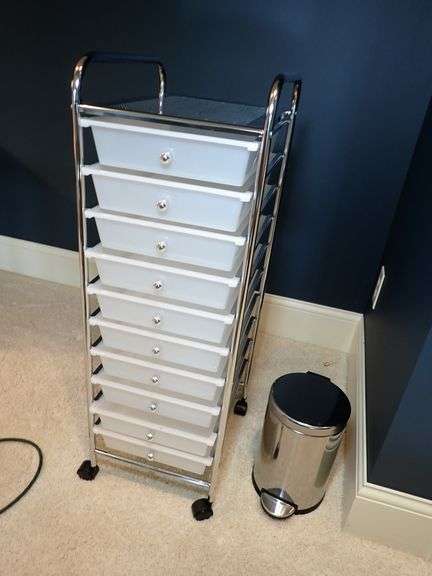 Chrome 10 drawer rolling cart & Simplehuman foot pedal trash can COMBO