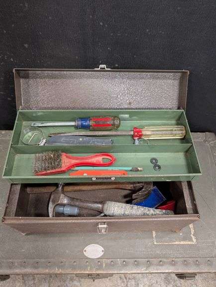 Metal Toolbox With Assorted Tools and Hindered Branding
