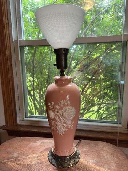 Pair of Vintage Table Lamps with Embossed White Floral Design on Ceramic Base