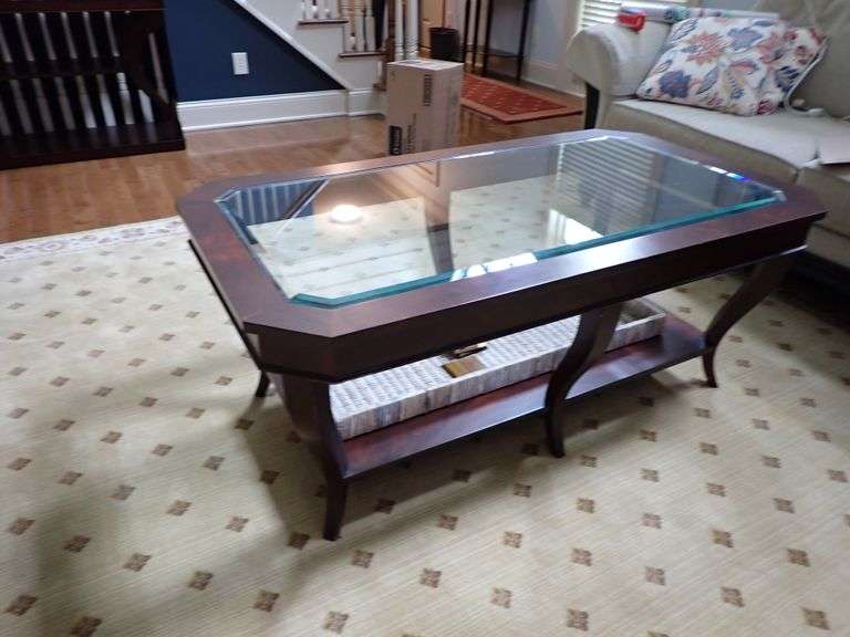 Ethan Allen Willoughby Coffee Table Beveled Glass, Solid Burl Wood.  Includes Basket & Wood Coasters