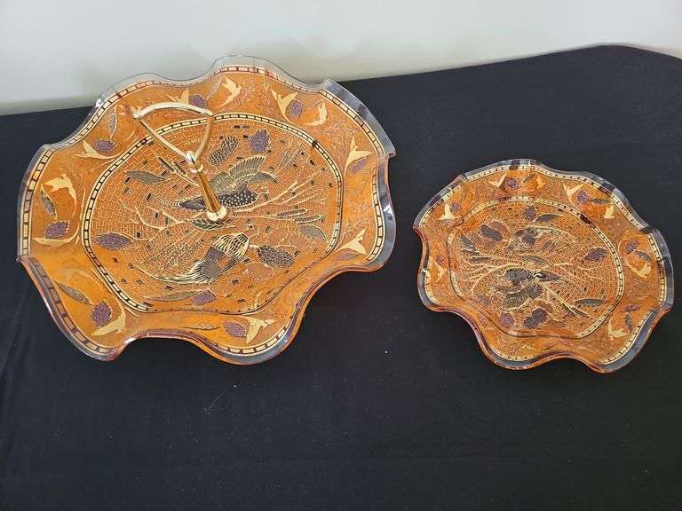 Vtg 1970’s Orange Art Glass Decorative Dish / Bowl Pheasants 7” EUC