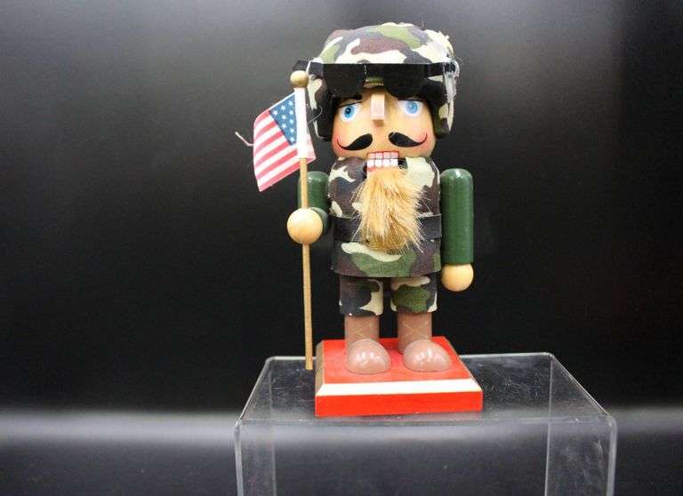 Set of Two Camouflage Nutcracker Figures Holding American Flags