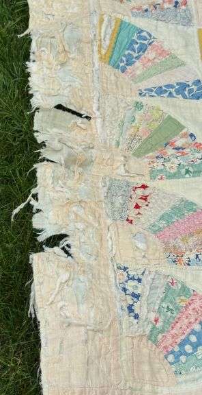 Patchwork Quilt Featuring Fan Pattern with Wear to Edges