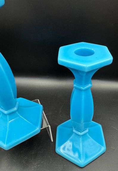 Pair Vintage Cambridge Glass Azurite Blue Hexagonal Candlesticks
