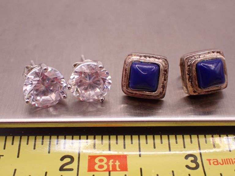 Sterling Silver Earrings Cubic Zirconia & Polished Lapis Stone 7.89g