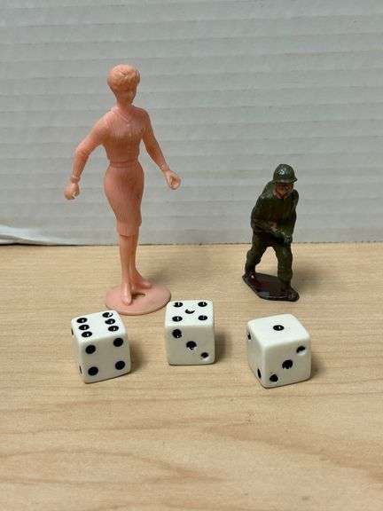 Vintage Toy Lot – Woman Figure (Portugal), Metal Soldier, and Dice