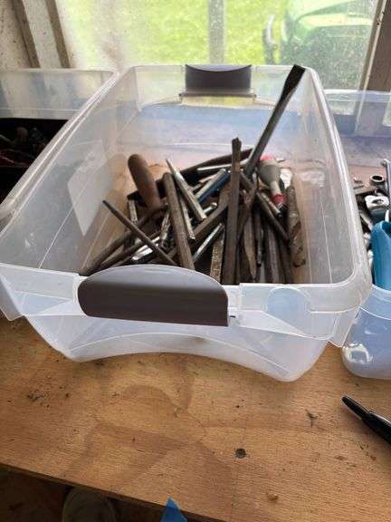 Plastic Bin of Assorted Files and Hand Tools