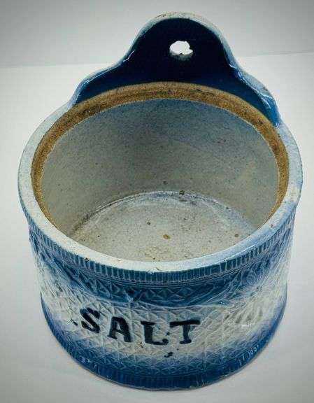 Vintage Blue and White Ceramic Hanging Salt Box with Embossed Design