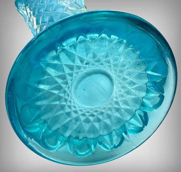 Vintage Jefferson Glass Blue Opalescent Diamond Glass Vase with Diamond Lattice Design