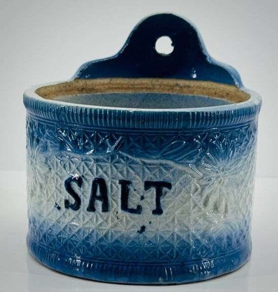 Vintage Blue and White Ceramic Hanging Salt Box with Embossed Design