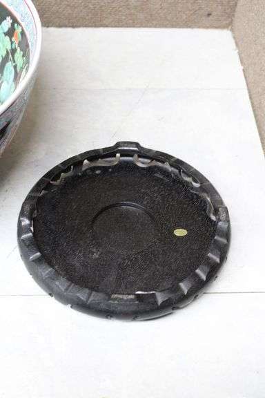 Porcelain Bowl with Black Background, Butterfly Motif, and Wooden Stand