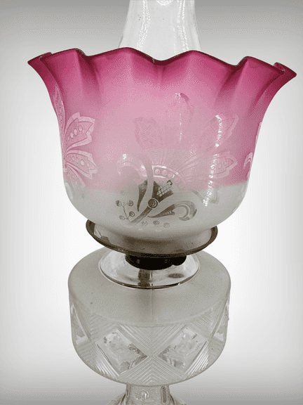Beautiful Antique Glass Oil Lamp With Pink Satin Glass Shade and Etched Base