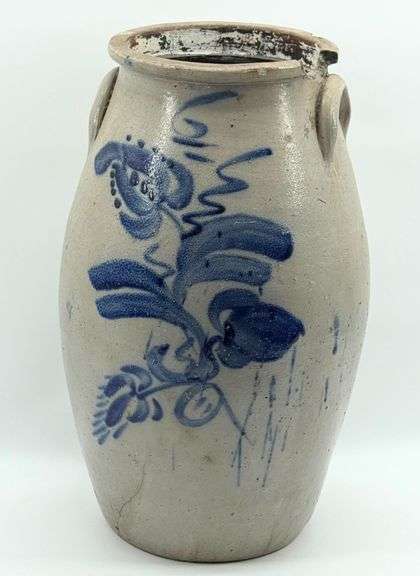 19th C. 5 Gallon Stoneware Butter Churn with Cobalt Blue Floral Decoration