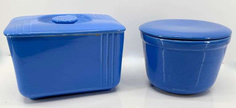 Two Hall China Company Blue Ceramic Containers