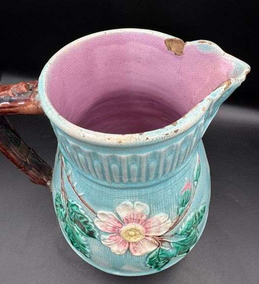 Antique Large Turquoise Dogwood Basketweave Majolica Pitcher