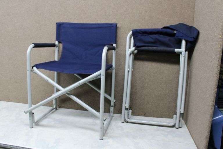 Two Blue Canvas and Metal Folding Chairs
