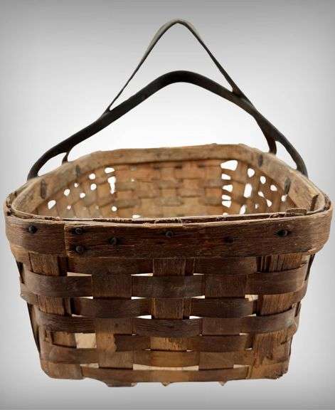 Antique Rectangular Wooden Woven Basket with Leather Handles