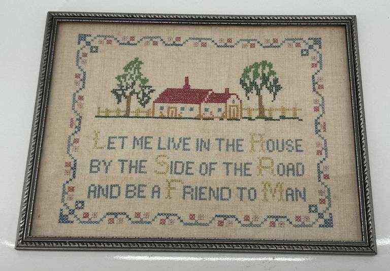 Vintage Framed Cross-Stitch Sampler Depicting House and Trees