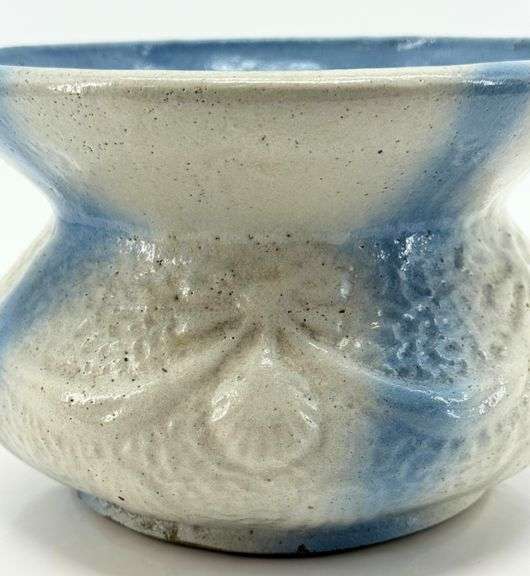 Blue and White Salt Glazed Stoneware Spittoon With Embossed Pattern