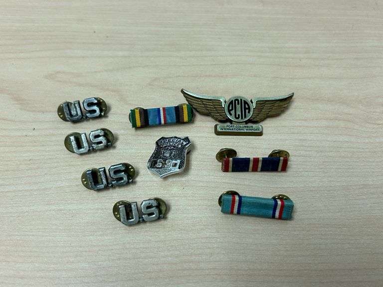 Assorted Military & Police Pins – U.S. Insignia, Ribbons, PCIA Wings, Special Police