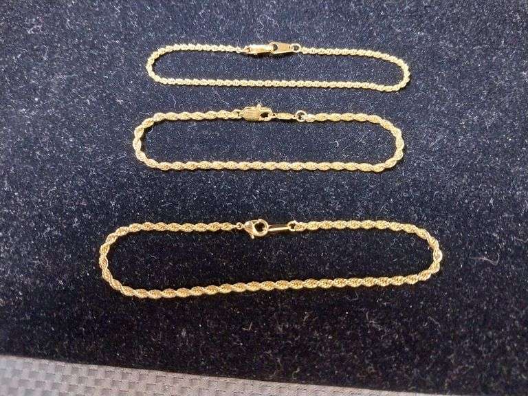 Three Gold-Tone Rope Chain Bracelets – One Marked 24KGL