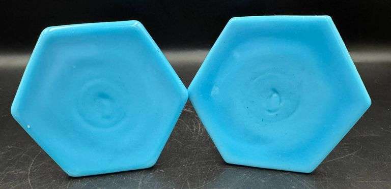 Pair Vintage Cambridge Glass Azurite Blue Hexagonal Candlesticks
