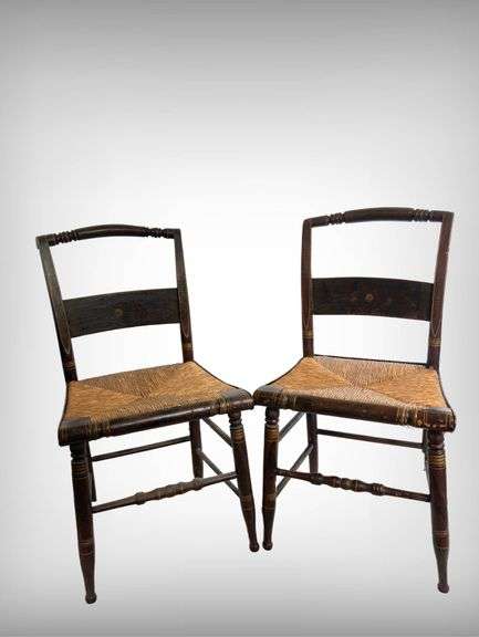 1840’s Hitchcock Style Wooden Side Chairs with Woven Rush Seats