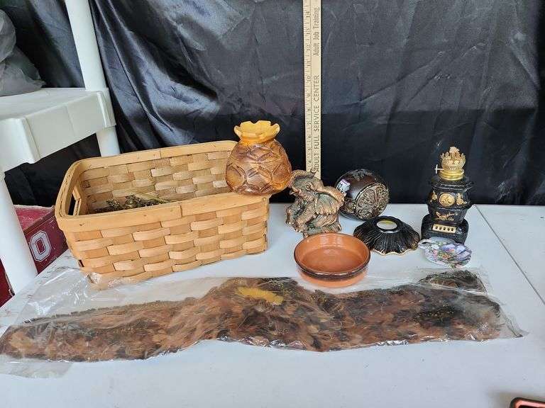 Basket, Resin Elephant, Ceramic Oil Lamp, Etc.